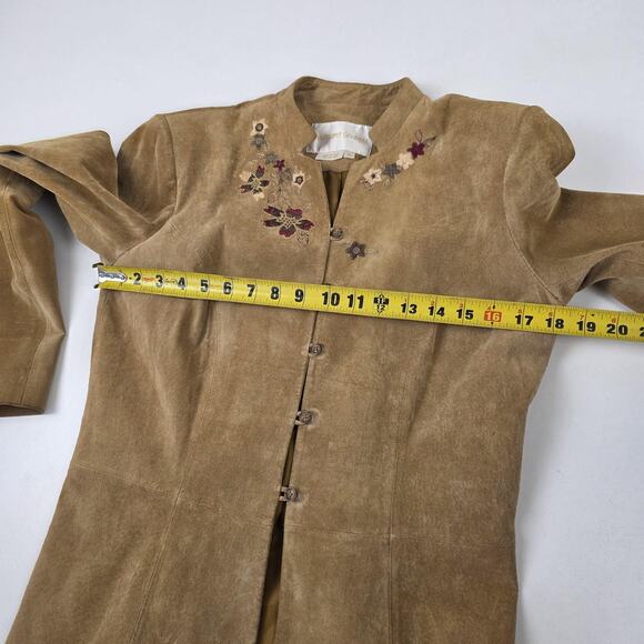 Margaret Godfrey Coat Womens 6 Tan Suede Leather Embroidered Floral Button Lined - Picture 5 of 11